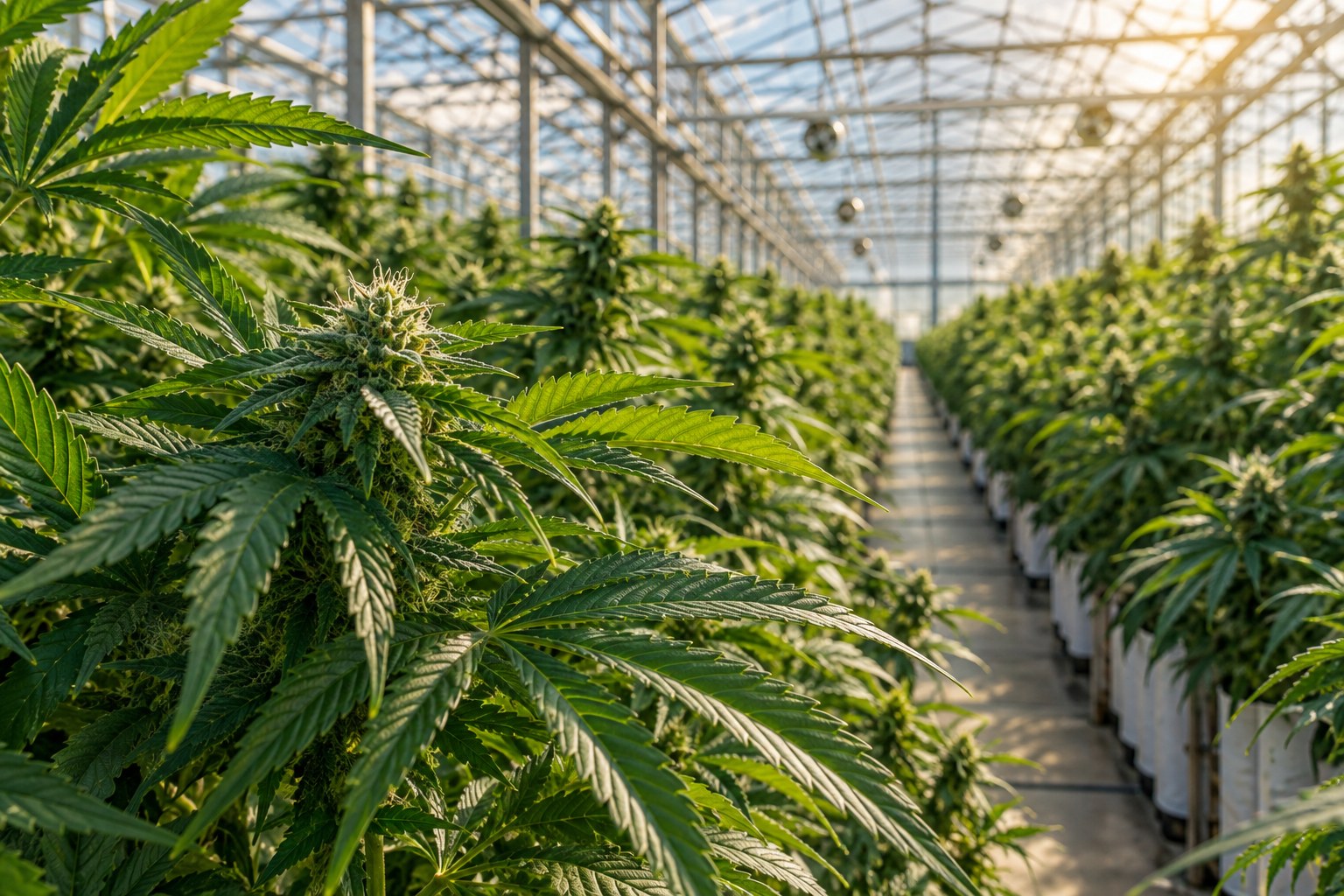 Cannabis plants growing in an orderly, sunlit cultivation greenhouse